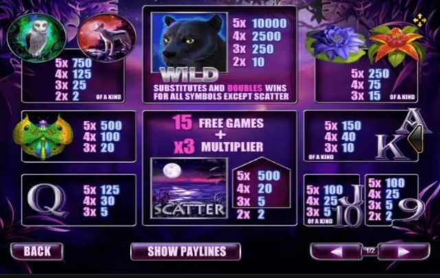 สัญลักษณ์ภายในเกมและอัตราการจ่ายรางวัล Panther Moon